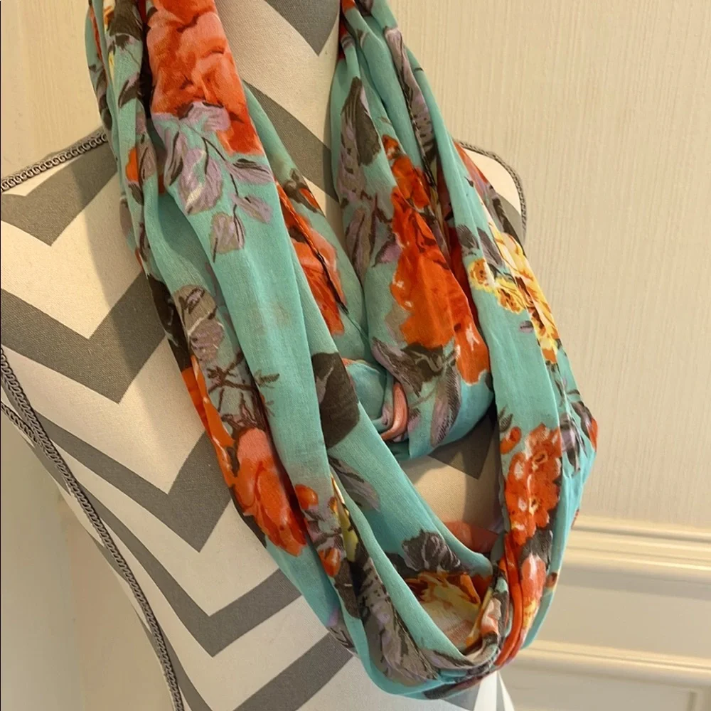 Teal Orange Floral Women's Infinity Scarf Ring Loop Blossom Pattern Lightweight